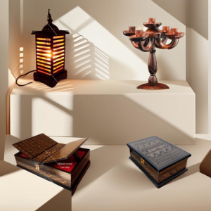 wooden table lamp candle stand quran box and jewelry box